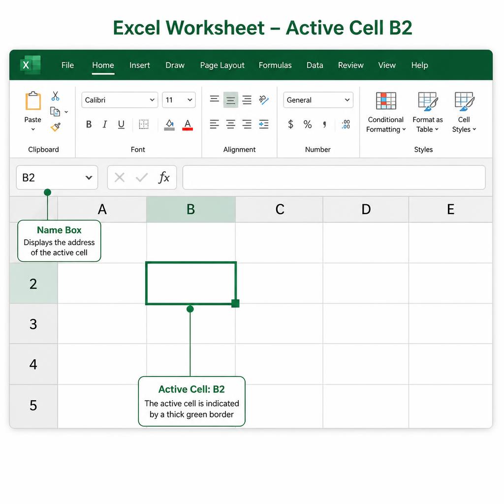 Excel worksheet grid showing column letters, row numbers and the active cell B2 highlighted