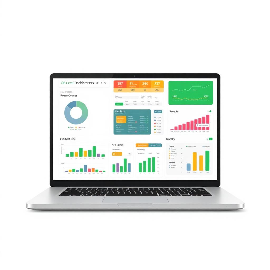 Microsoft Excel dashboard with charts, KPI tiles and data grids