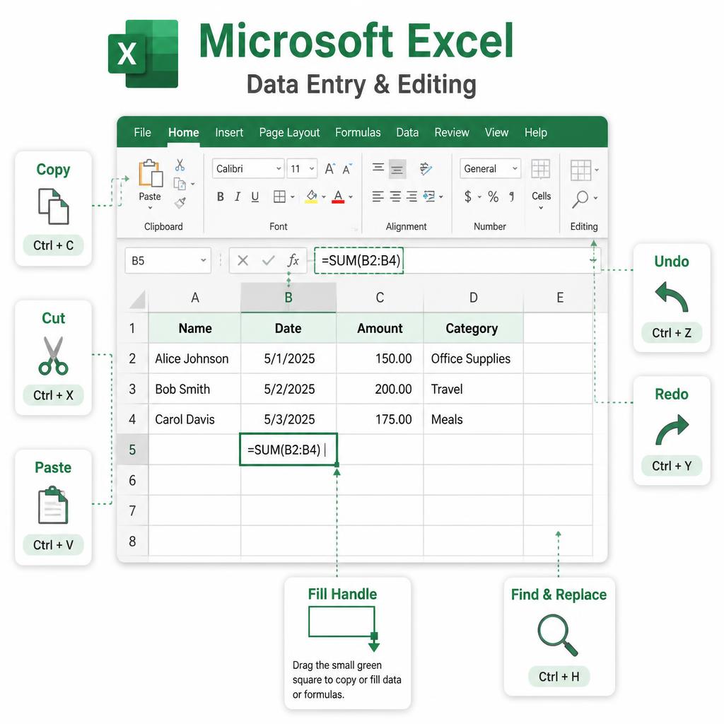 Microsoft Excel worksheet showing data entry, editing, copy, cut, paste, undo, redo, fill handle and find & replace