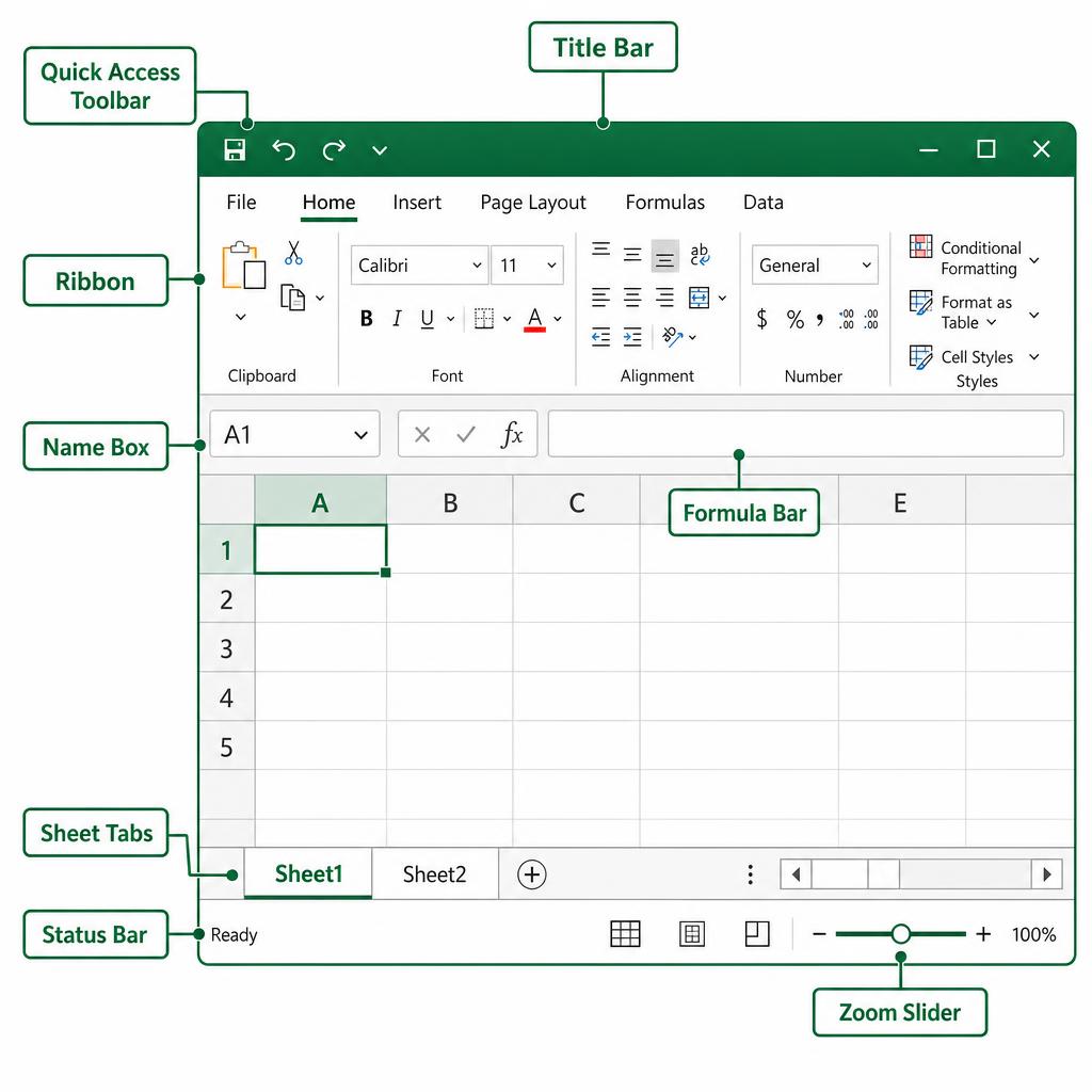Labeled diagram of the Microsoft Excel interface showing Ribbon, Name Box, Formula Bar, grid, sheet tabs and status bar