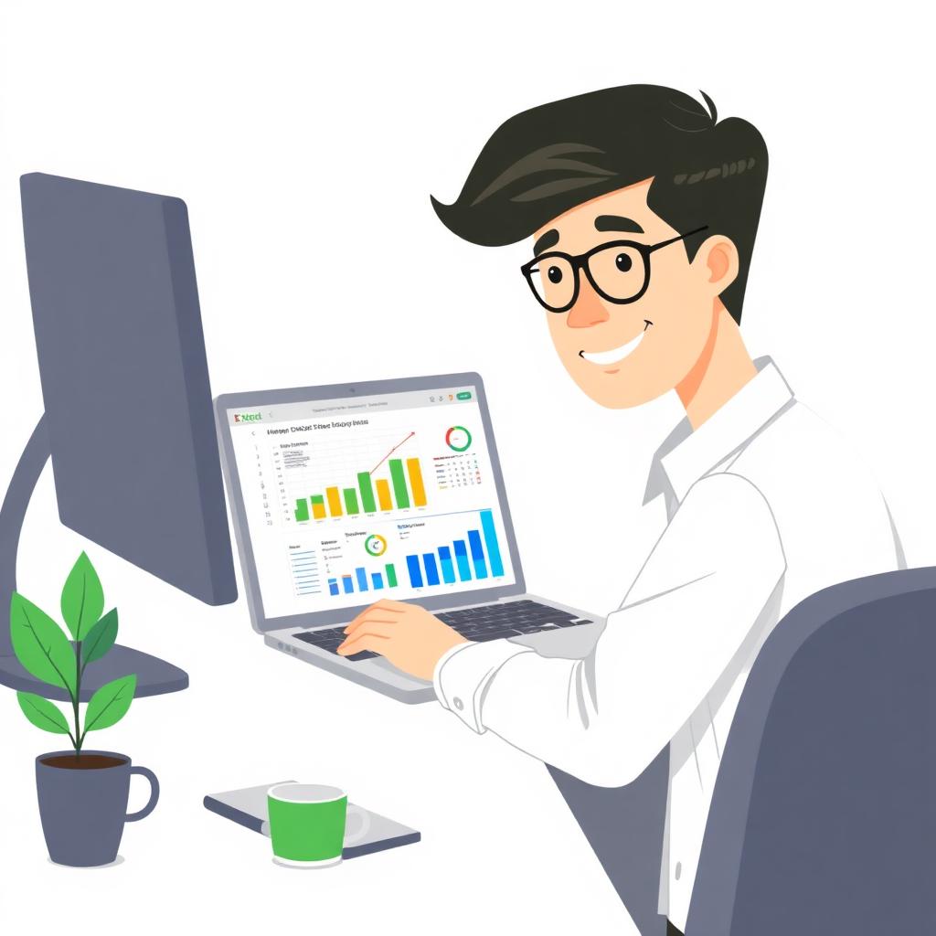 A young professional working with Excel charts on a laptop