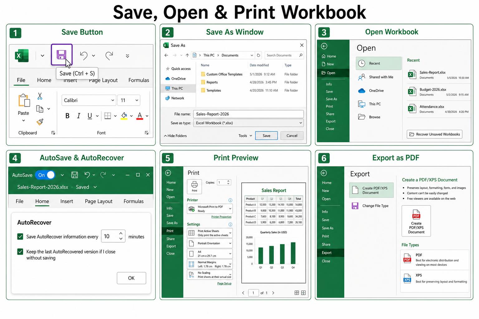 Microsoft Excel Save button, Save As dialog, Open workbook screen, AutoSave toggle, AutoRecover settings, Print Preview and Export as PDF