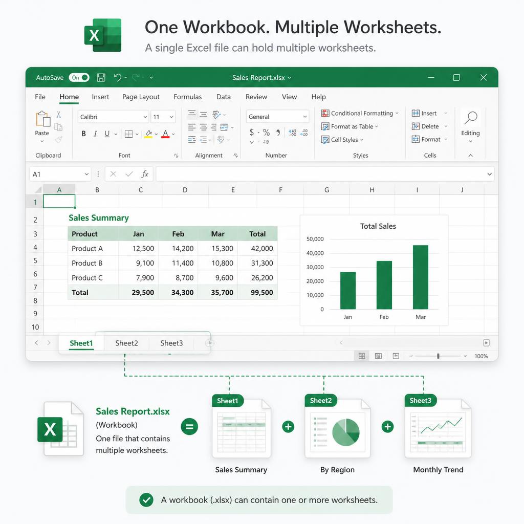 One Excel workbook file containing multiple worksheets shown as tabs